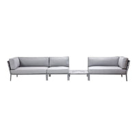 Gray outdoor sofa set with sleek lines and subtle patterns, featuring a minimalist design and metal accents.