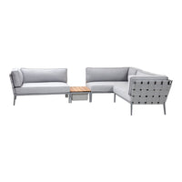 Gray outdoor sectional sofa set with sleek lines and a natural wood accent table. Modern and stylish design.