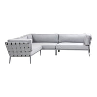 Gray outdoor sectional sofa with sleek, modern lines and a woven pattern on the backrest.