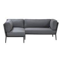 Gray modern sectional sofa with sleek design and minimalist patterns, featuring a black metal frame.