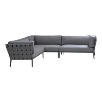 Gray sectional sofa with a sleek design and textured fabric, featuring clean lines and minimalistic patterns.