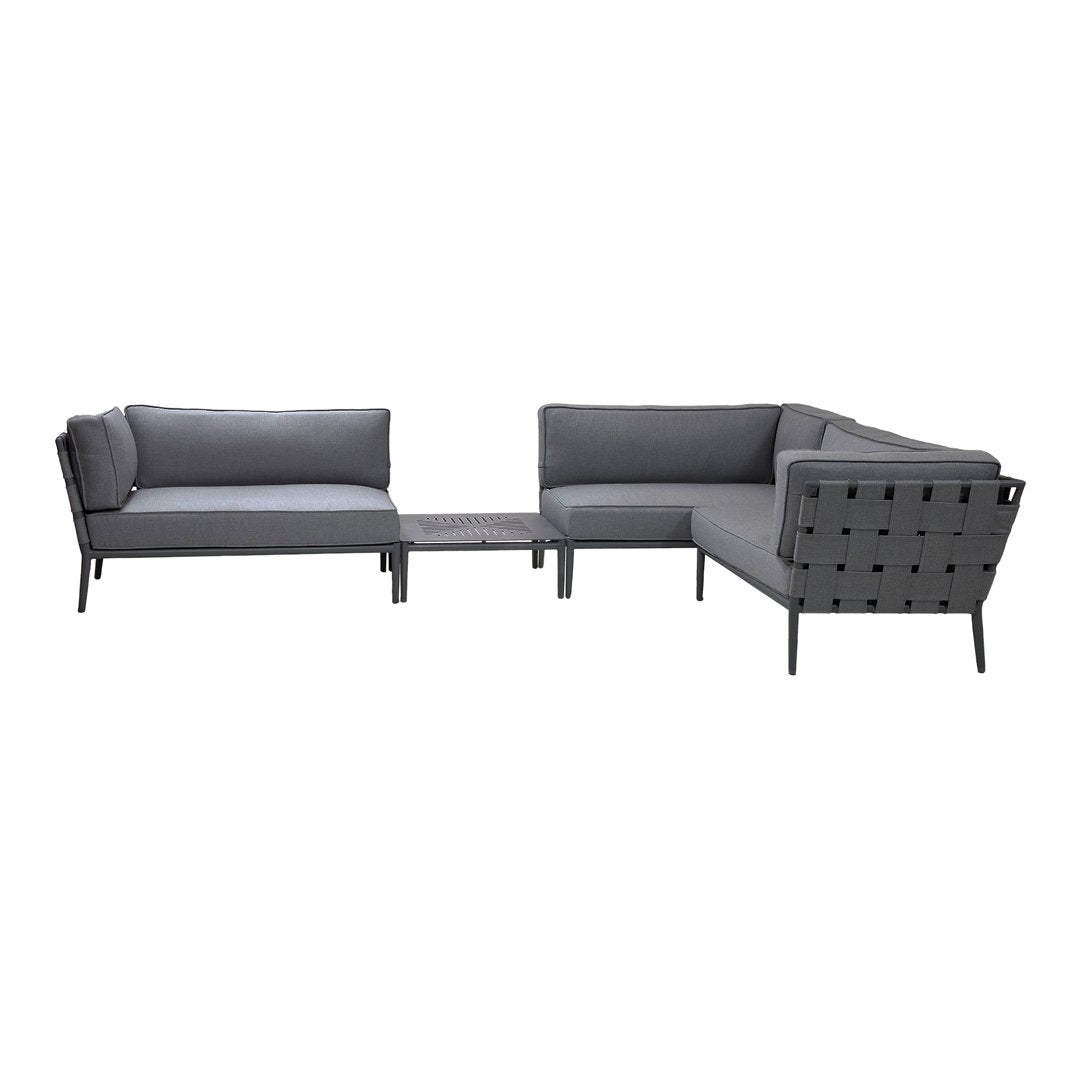 Stylish gray outdoor sectional sofa with a sleek, modern design and geometric patterns, perfect for patio decor.