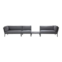 Modern outdoor sofa set featuring grey cushions and a sleek black metal frame, complemented by a glass-top coffee table.