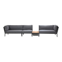Gray outdoor sectional sofa with plush cushions and a wooden coffee table, featuring a sleek modern design.