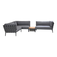 Modern grey sectional sofa set with a textured pattern and natural wood accent table. Ideal for stylish outdoor spaces.