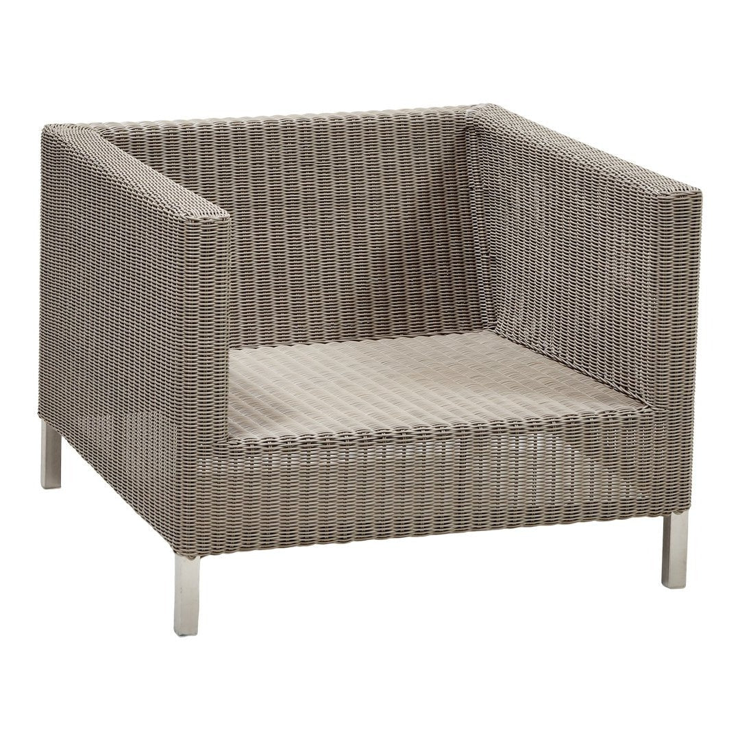 Gray woven accent chair with a textured pattern and sleek metallic legs, perfect for modern decor.