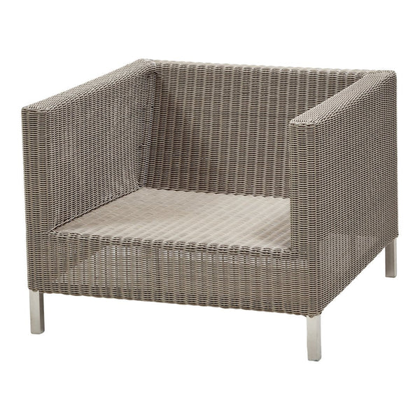 Gray woven patio chair with a contemporary design and clean lines, featuring a textured, ribbed pattern.