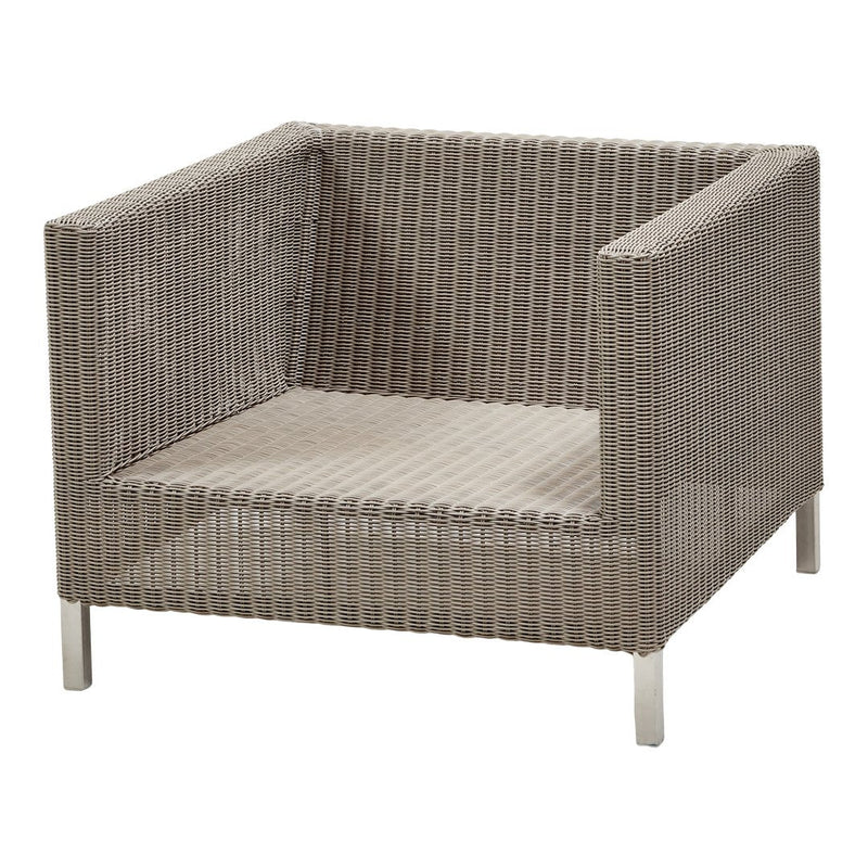 Gray woven patio chair with a contemporary design and clean lines, featuring a textured, ribbed pattern.