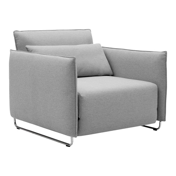 Light gray minimalist armchair with clean lines and soft cushions, featuring a simple modern design.