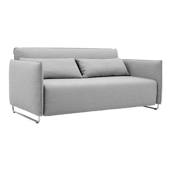Light gray sofa with clean lines and minimalist design, featuring two matching cushions and sleek metal legs.