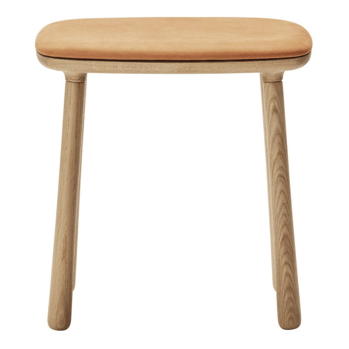 Natural wood legs with a light tan leather seat, showcasing a minimalist design and smooth surface.
