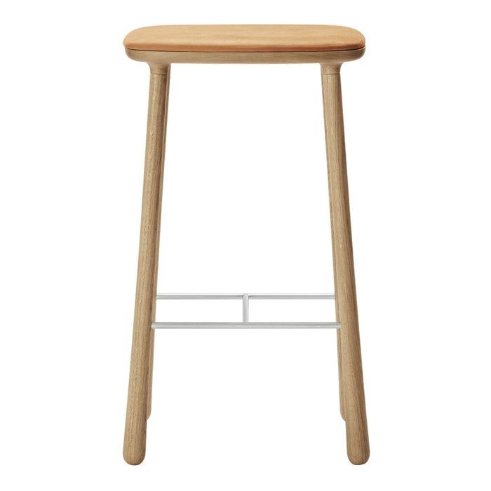 Natural wooden bar stool with a smooth, light wood finish and simple, minimalist design.