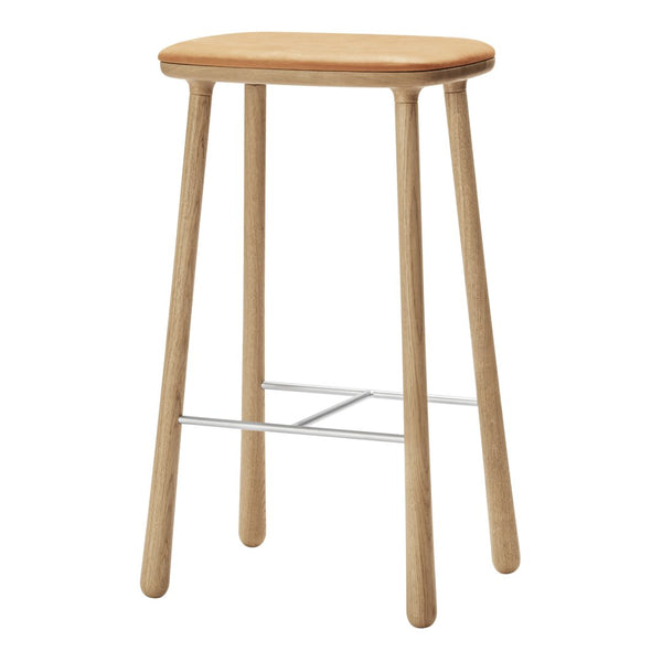 Natural wood bar stool with a smooth, light oak finish and simple, minimalistic design. Features clean lines and neutral tones.