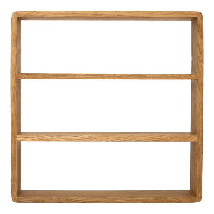 Natural oak wooden shelf with a smooth finish and clean lines, showcasing a minimalist design in light brown tones.