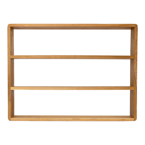 Natural oak wood shelf with smooth grain, featuring a simple design and warm, light brown tones.