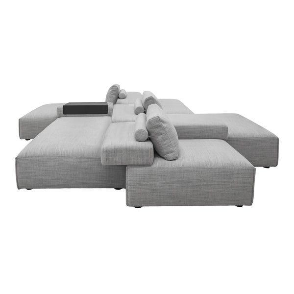 Light gray modular sofa with a textured fabric and subtle linear pattern, featuring soft, rounded cushions.