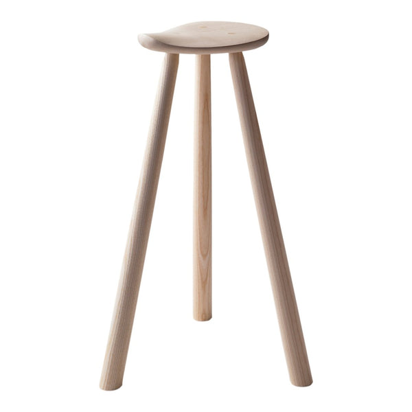 Natural wood stool with smooth, light-colored finish and minimalist design, featuring three tapered legs.