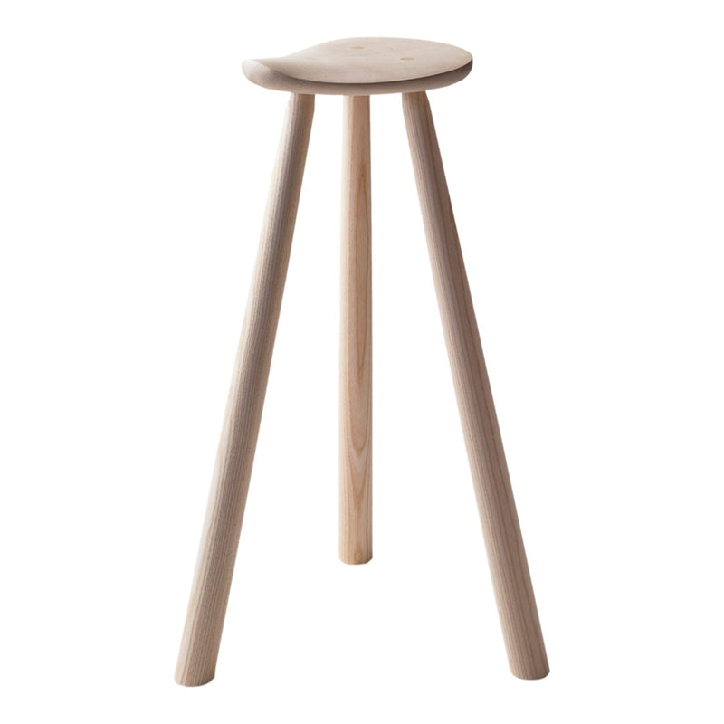 Natural wood stool with smooth, light-colored finish and minimalist design, featuring three tapered legs.