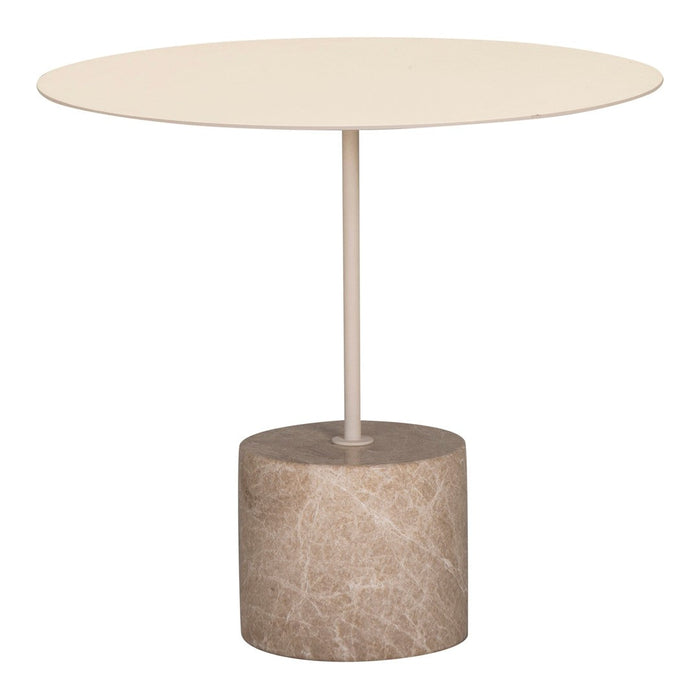 Round cream table with a textured beige stone base, creating a contemporary minimalist design.