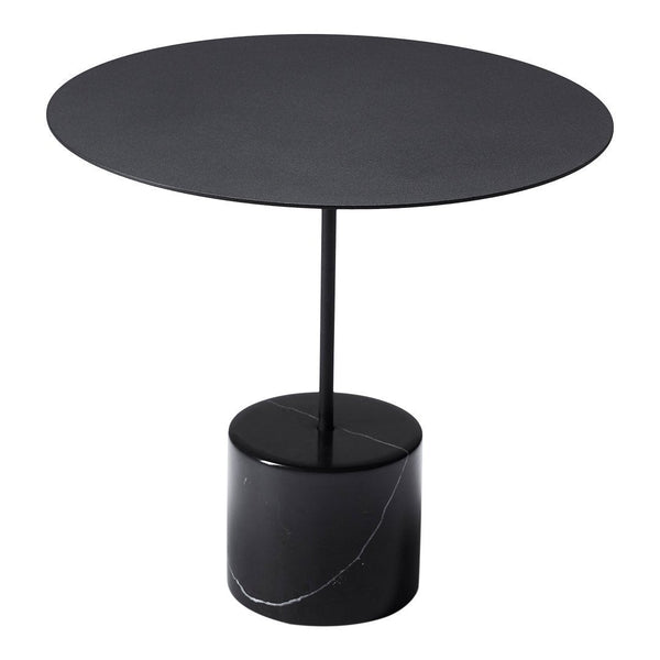 Round black table with a sleek finish and a contrasting marble-patterned base. Modern and stylish design for any decor.