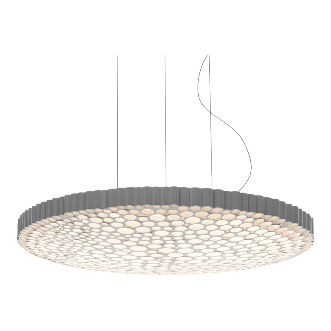 Sleek circular pendant light with a honeycomb pattern, featuring soft white and gray colors for modern décor.