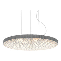 Sleek circular pendant light with a honeycomb pattern, featuring soft white and gray colors for modern décor.