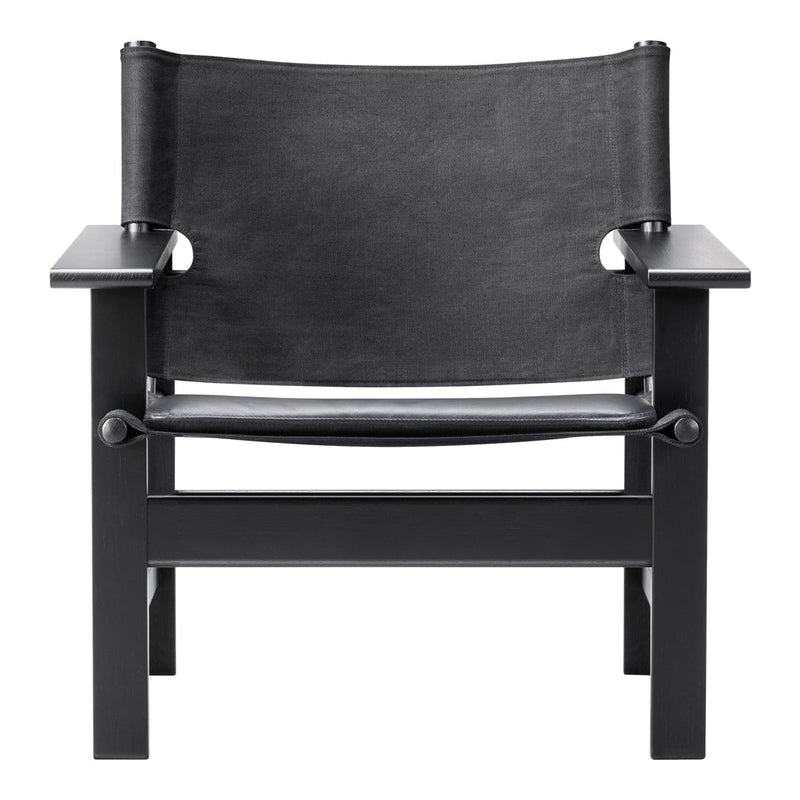 Black leather chair with a minimalist design and wooden frame, featuring a sleek, solid black color scheme.