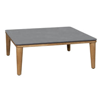 Square coffee table with a sleek gray top and warm wooden legs. Modern design complements any decor.