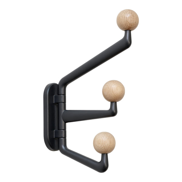 Black coat rack with three natural wood ball hooks, featuring a minimalist modern design.