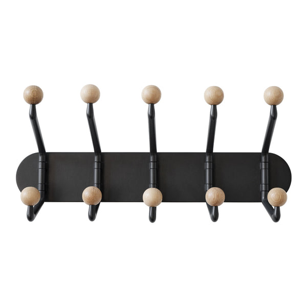 Black wall-mounted coat rack with six wooden ball hooks, featuring a modern and minimalist design. Perfect for any decor.