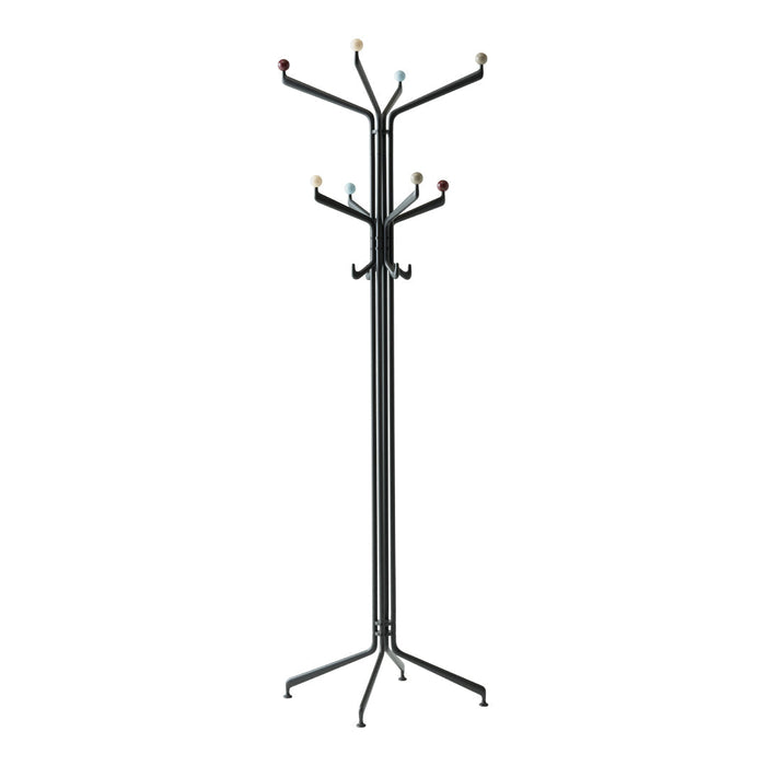 Black metal coat rack with colorful hooks in a modern, minimalist design. Ideal for stylish organization.