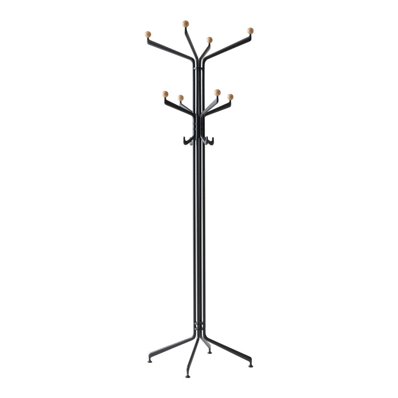 Black metal coat rack with eight wooden hooks in a minimalist design. Modern, sleek look complements any decor.
