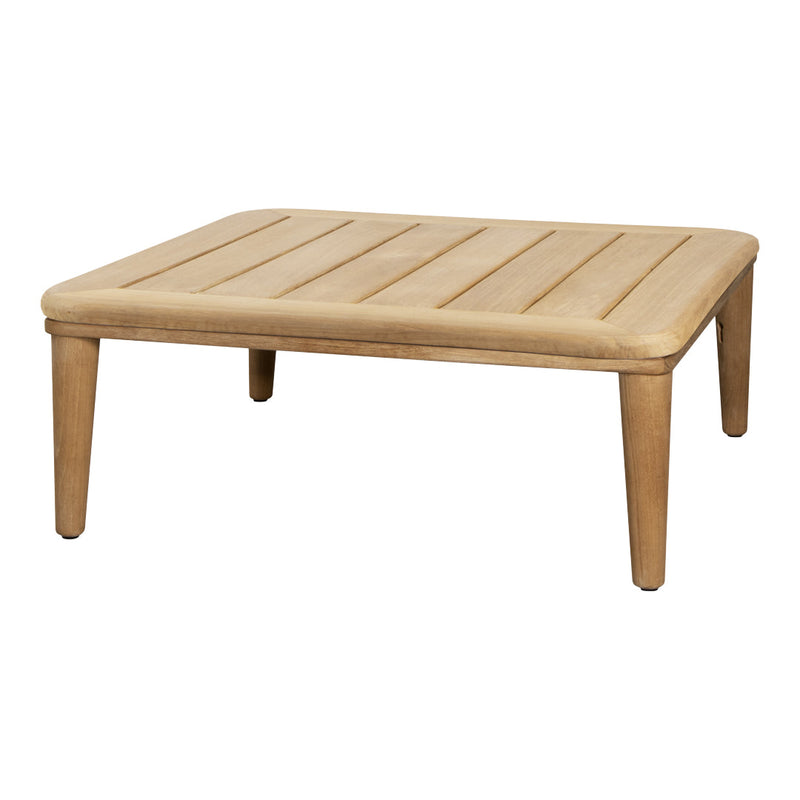 Beige rectangular coffee table with slatted wood design and tapered legs, perfect for modern or rustic decor.