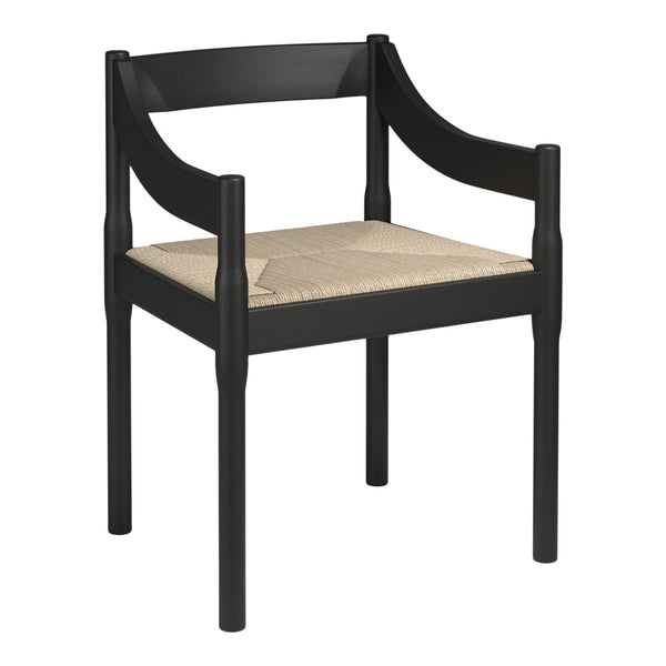 Black wooden chair with a woven natural fiber seat, showcasing a minimalist design.