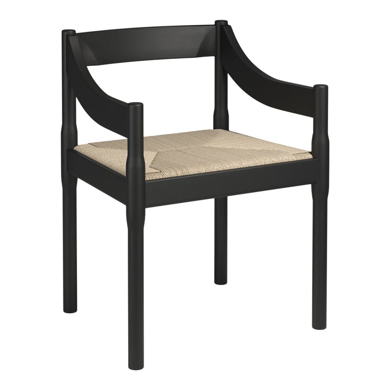 Black wooden chair with a woven natural fiber seat, showcasing a minimalist design.