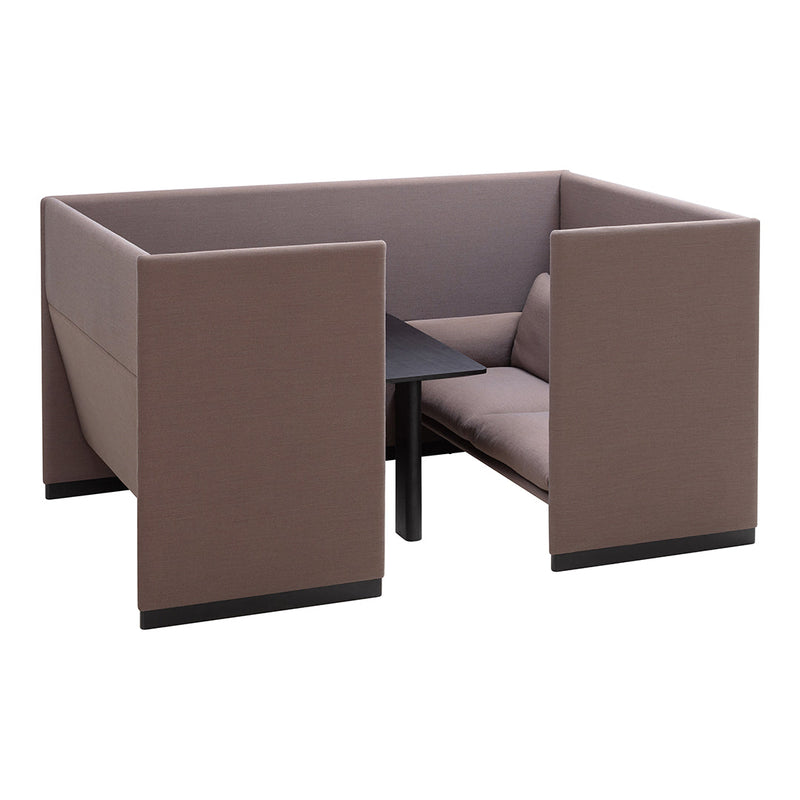 Modern brown fabric lounge seating with sleek black legs and minimalist design, perfect for contemporary spaces.