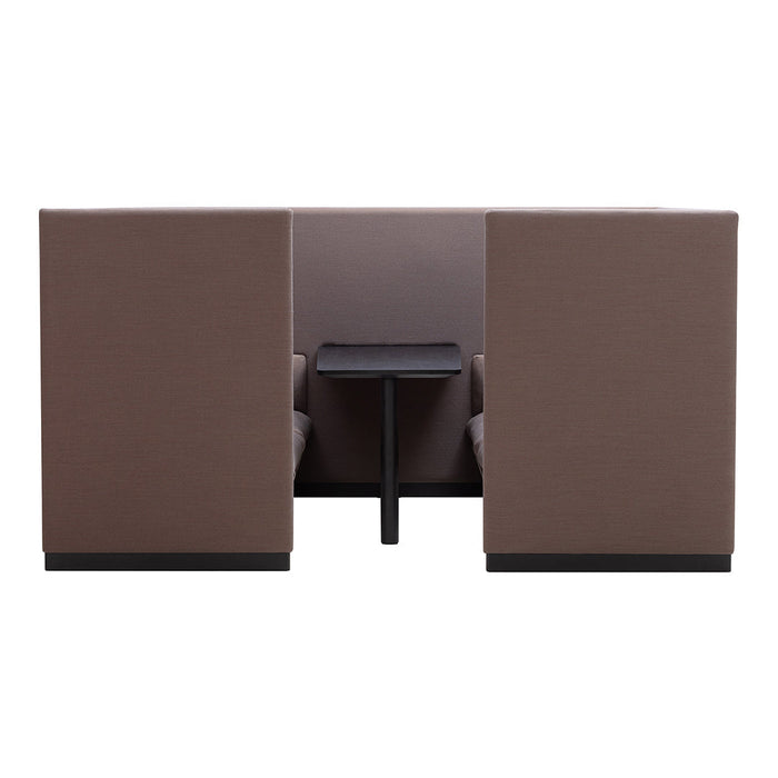 Brown upholstered seating with sleek black table, featuring smooth, contemporary lines and minimalist design.