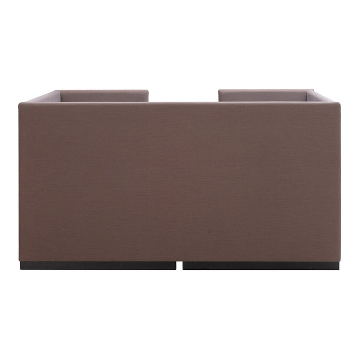 Brown minimalist sofa with a smooth texture and clean lines, featuring a modern design on a black base.