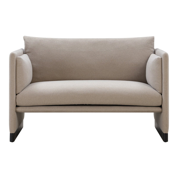 Beige upholstered loveseat with minimalist design and smooth, clean lines. Ideal for modern home decor.