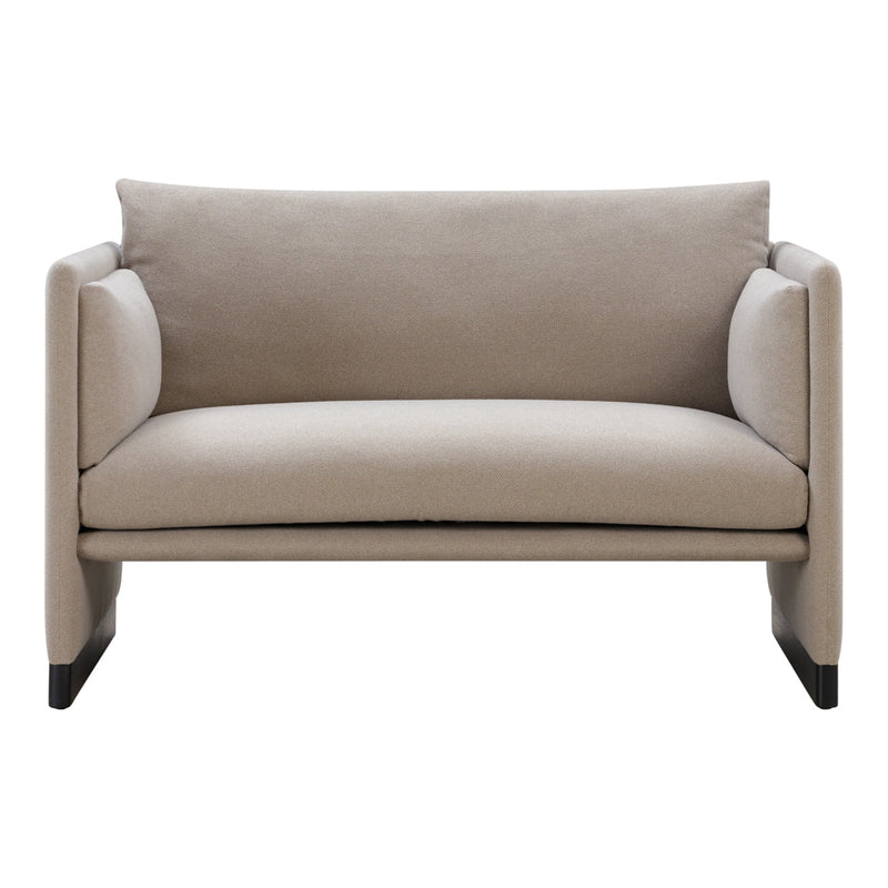 Beige upholstered loveseat with minimalist design and smooth, clean lines. Ideal for modern home decor.