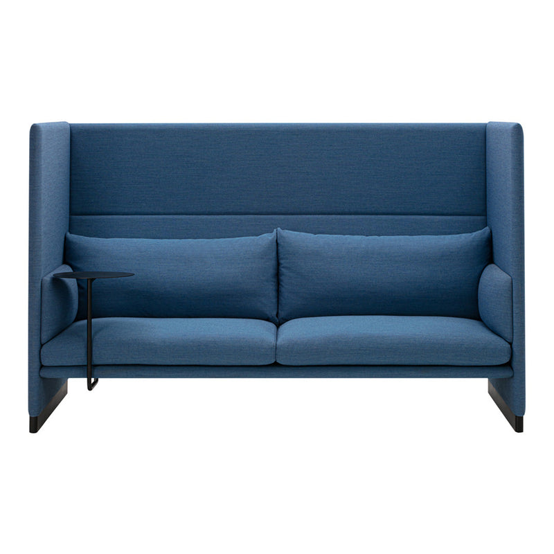 Modern two-tone blue sofa with a textured fabric, featuring a sleek minimalist design and contemporary straight lines.
