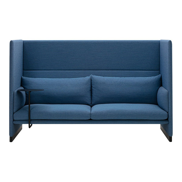Blue upholstered two-seater sofa with modern design and sleek black accents for a contemporary touch.