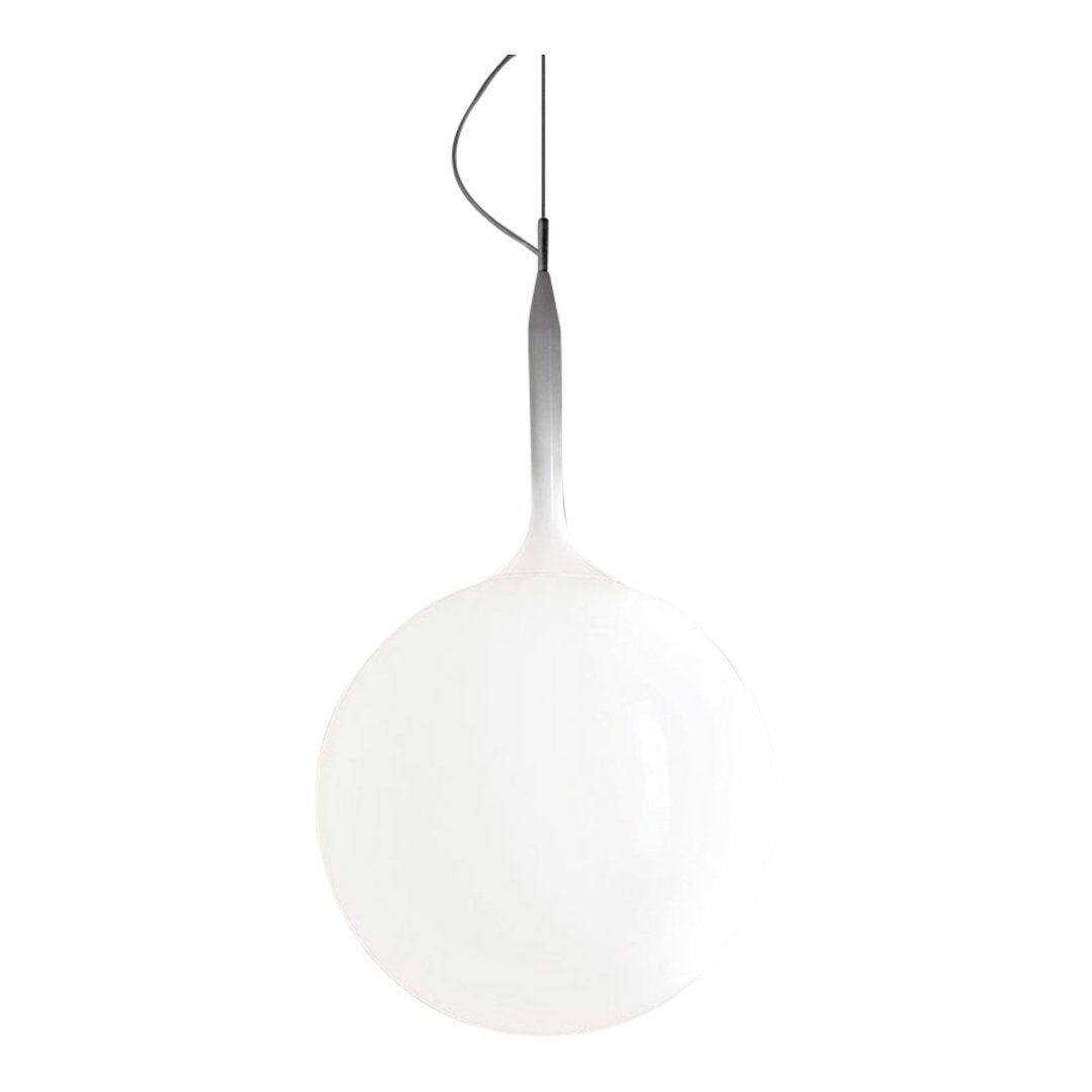 Sleek white pendant light with a smooth, glossy finish and a minimalist gray cord. Perfect for modern decor.