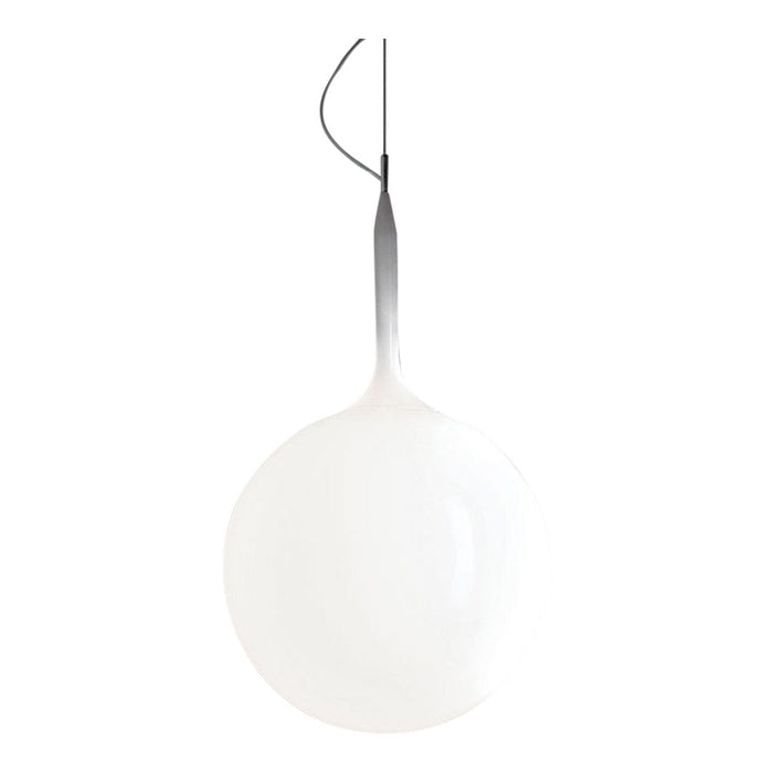 Sleek white pendant light with a smooth, glossy finish and a minimalist gray cord. Perfect for modern decor.