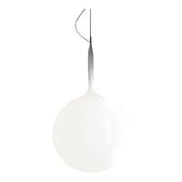 White round pendant light with a sleek silver accent and smooth, glossy finish. Ideal for modern decor.