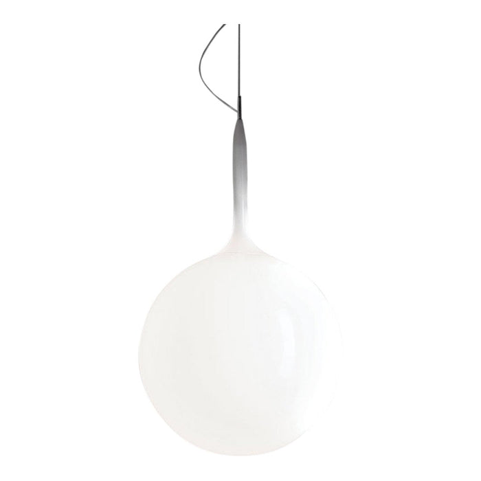 White round pendant light with a sleek silver accent and smooth, glossy finish. Ideal for modern decor.