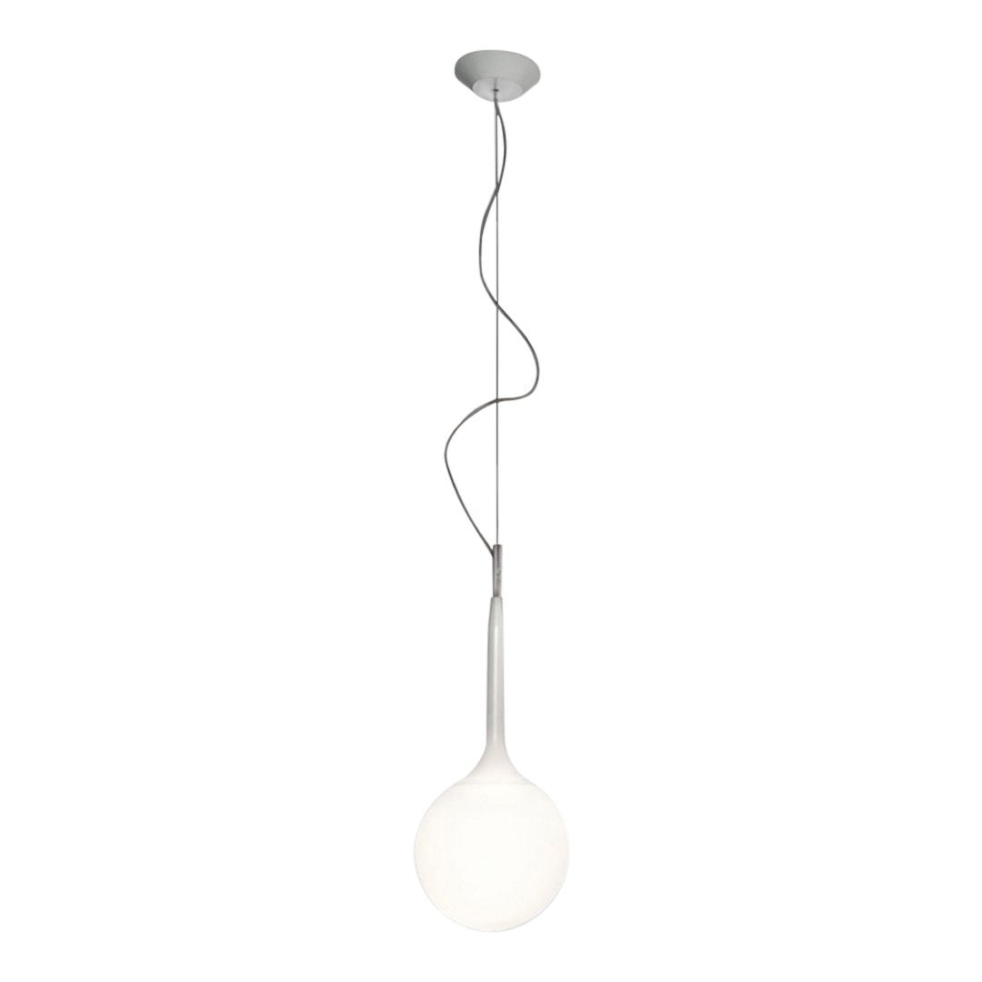 Modern pendant light featuring a sleek silver finish and a round, frosted white glass shade. Perfect for contemporary decor.