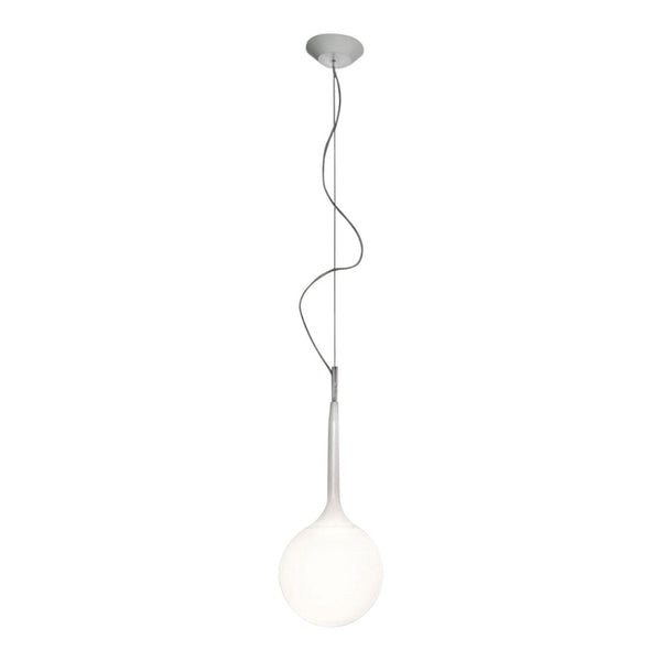 Modern pendant light featuring a sleek silver finish and a round, frosted white glass shade. Perfect for contemporary decor.