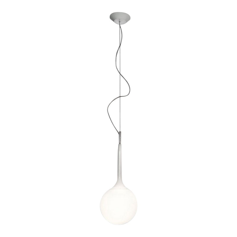 Modern pendant light featuring a sleek silver finish and a round, frosted white glass shade. Perfect for contemporary decor.