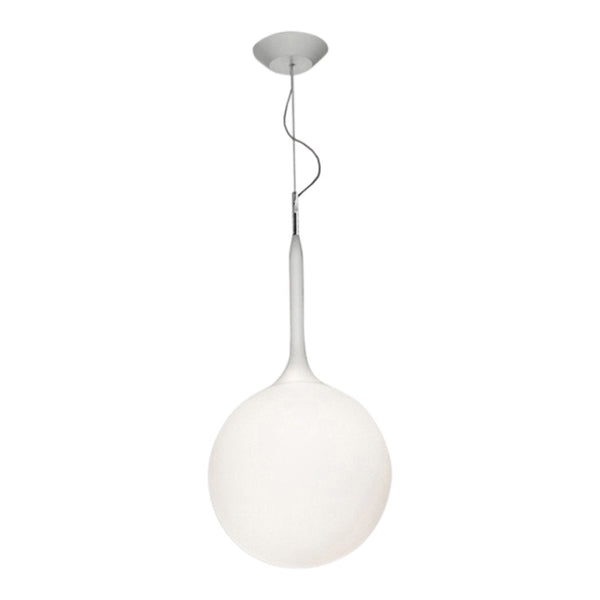 White globe pendant light with a sleek silver fixture and minimalistic design. Perfect for modern interiors.